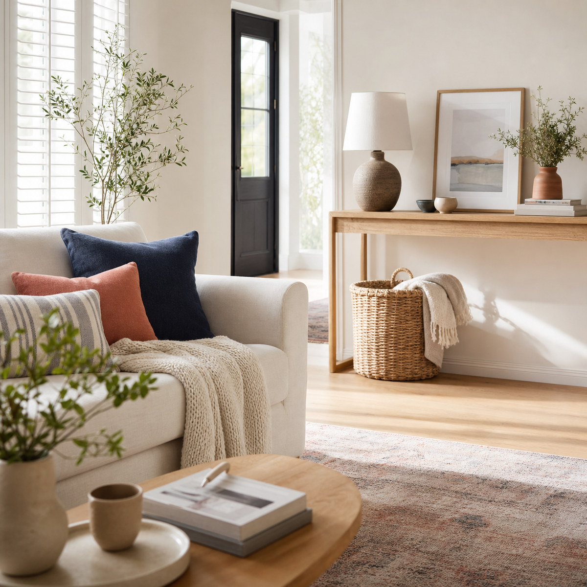 Sunlit living room with a navy accent, organized console, and woven storage basket