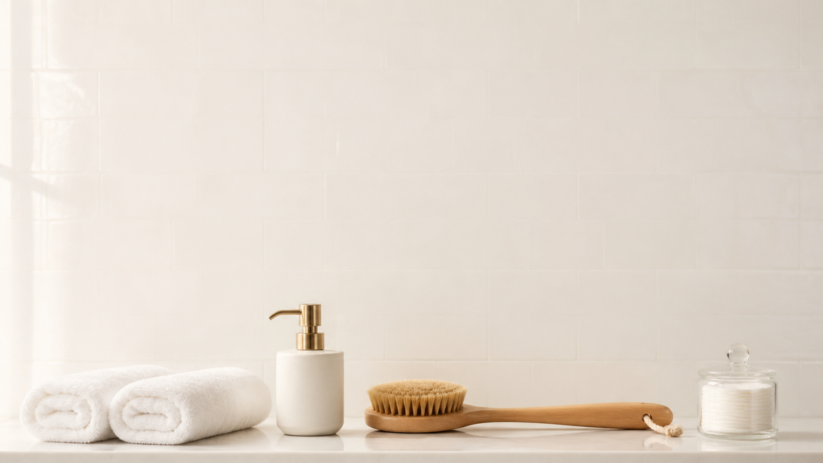 Bathroom category banner - towels, soap dispenser and bath brush along a bright counter, calm wall above (AI-generated visualization)