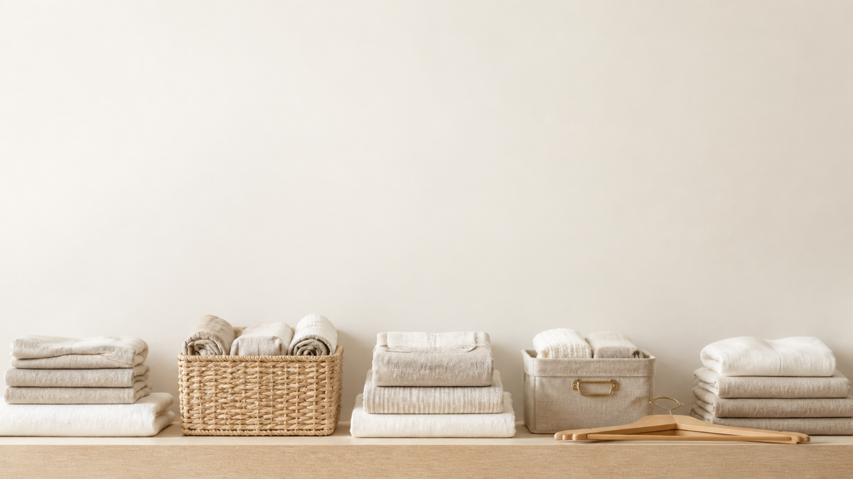 Closet and storage category banner - folded linens, basket and hangers along a light shelf, calm wall above (AI-generated visualization)