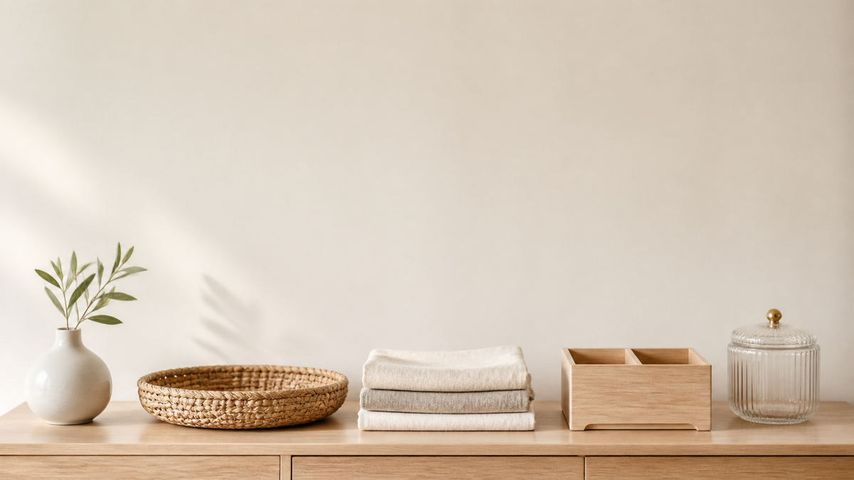 Home and Living category banner - vase, woven tray, linen and organizer box along a bright sideboard, calm wall above (AI-generated visualization)