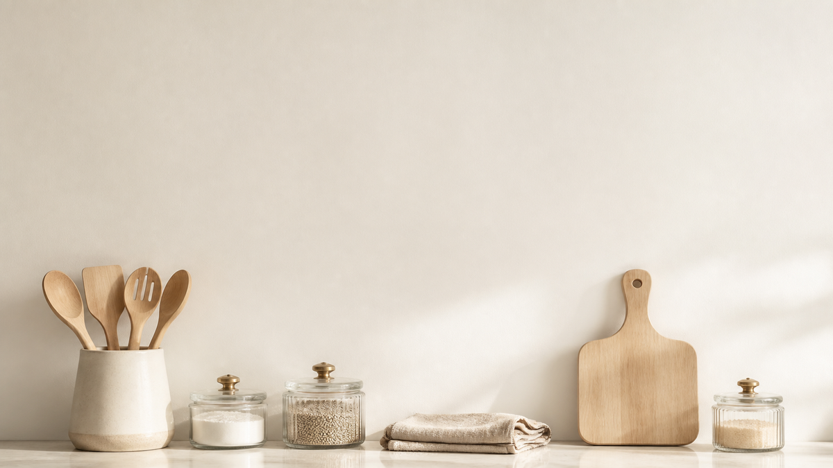 Kitchen category banner - kitchen tools and jars arranged along a bright counter, calm wall above (AI-generated visualization)
