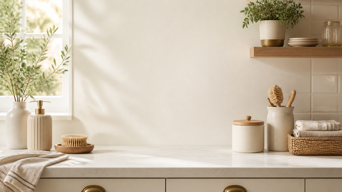 Bright kitchen counter with neutral household items (AI-generated visualization)