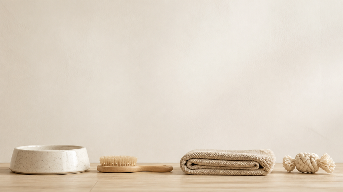Pets category banner - pet bowl, brush, blanket and rope toy along a light wooden floor, calm wall above (AI-generated visualization)