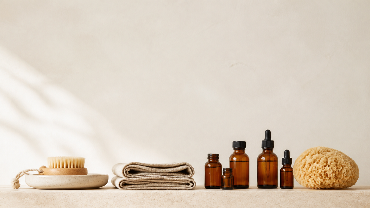 Self-care category banner - facial brush, linen cloth, amber bottles and sponge along a stone ledge, calm wall above (AI-generated visualization)