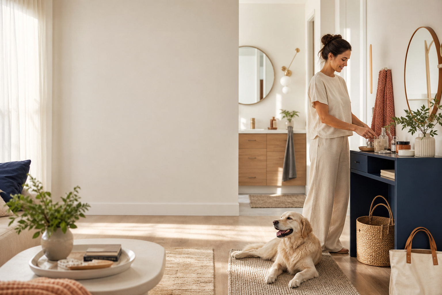 Sunlit home scene with a person organizing a console while a dog rests nearby